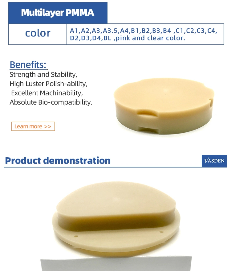 95mm Acetal PMMA Disc Dental PMMA Flexible Blanks A2 A3 Clear Color Multilayer Blocks for Zirkon Zahn