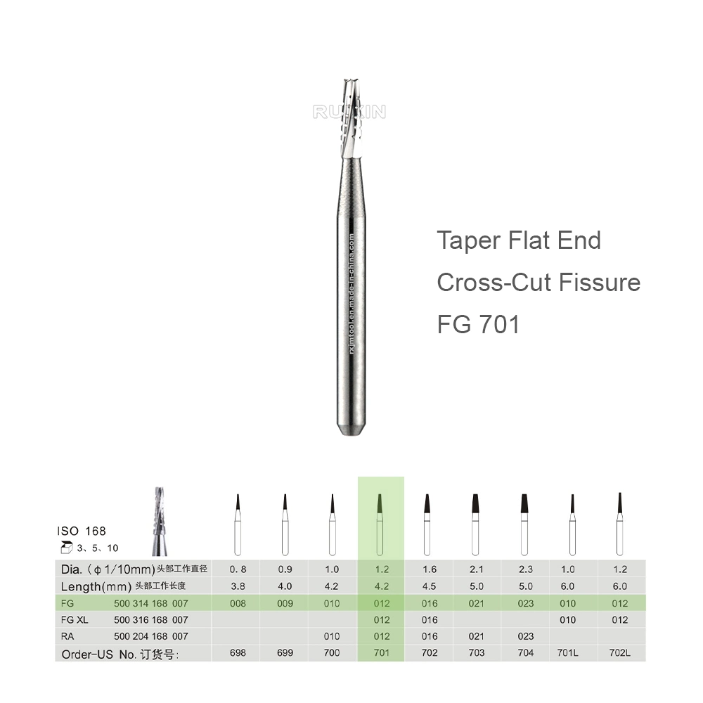 High Quality Dental Rotary Supplies Manufacturers Friction Grip Taper Cross Cut Fissure Trimming Carbide Bur FG-701 ISO 168/012